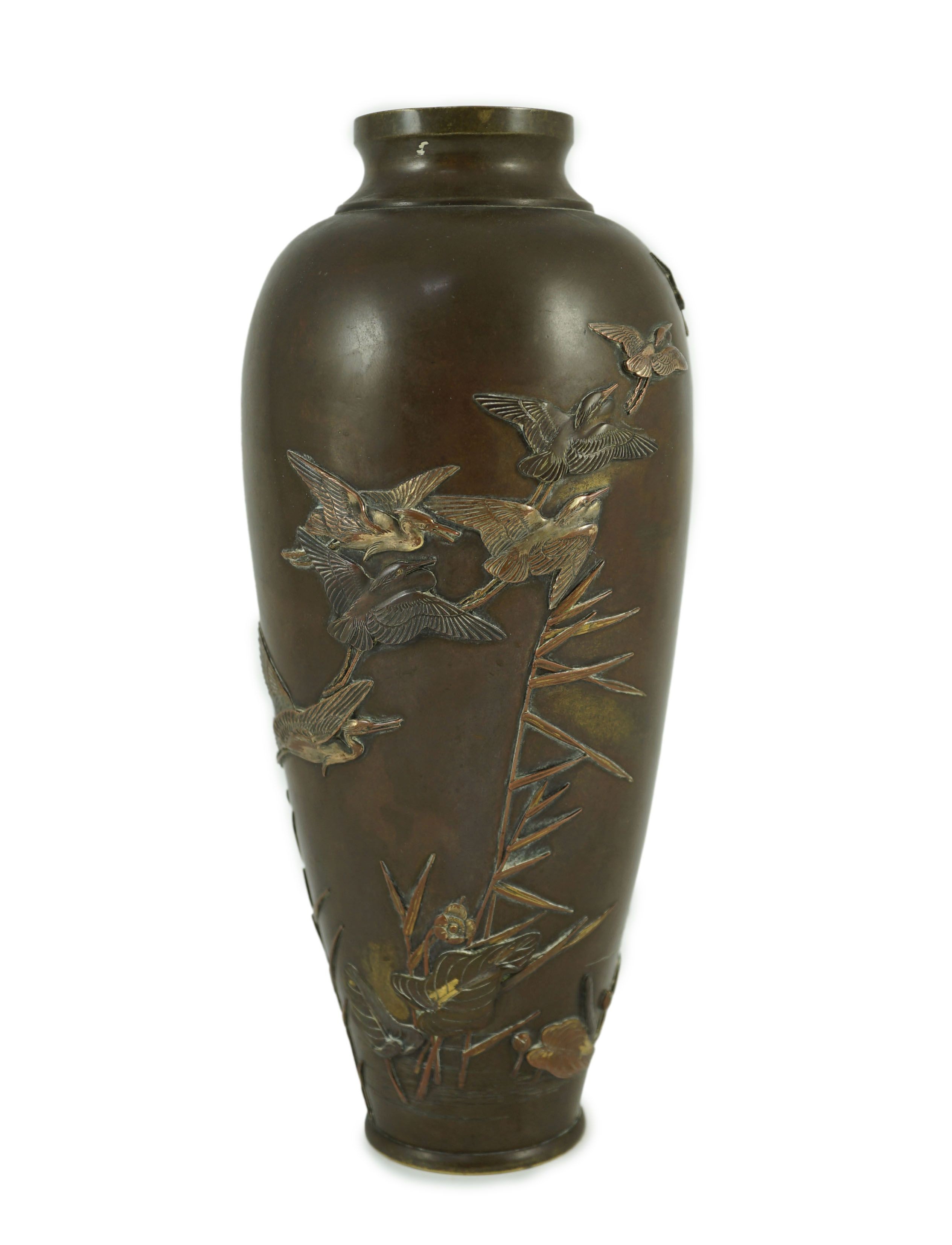 A Japanese bronze and mixed metal vase, by Miyabe Atsuyoshi, Meiji period, 25.7cm high